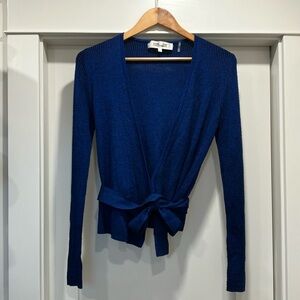 Diane Von Furstenberg Metallic Blue Wrap Sweater Top, Sz M